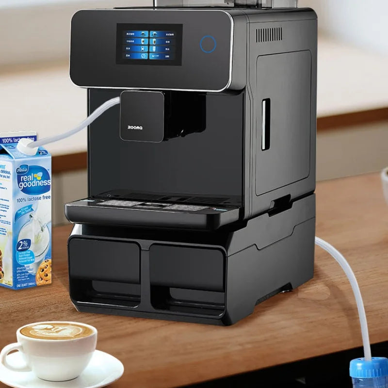 ROOROQ black automatic coffee machine with touch screen display and milk tube attachment on a wooden countertop.