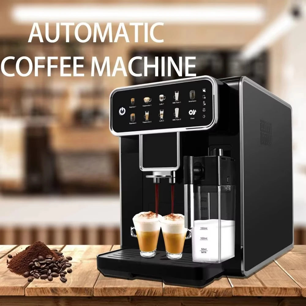 Black automatic coffee machine with milk frother, touchscreen interface, and dual spouts for espresso and lattes.