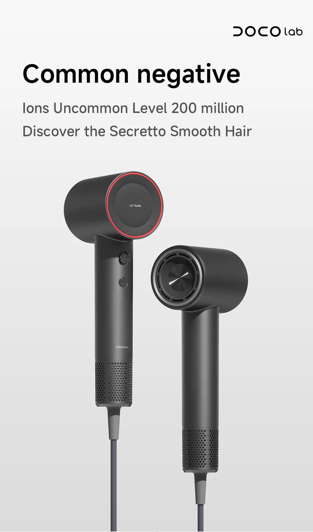 DOCO high-speed hair dryer in matte black with 110k RPM motor, ionic hair care technology, and sleek, modern design.