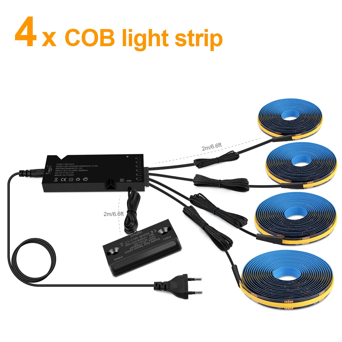 COB LED light strip kit with black controller, blue strips, wiring and plug (4 strips)