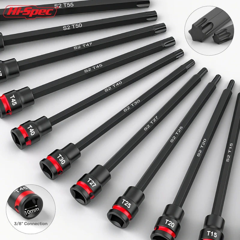 Hi-Spec 3/8 Impact Socket Set Wrench Socket Hex Socket Set S2 Bits & CR-V Sockets Hand Tools Torx Bit Long Socket Colorful Ring