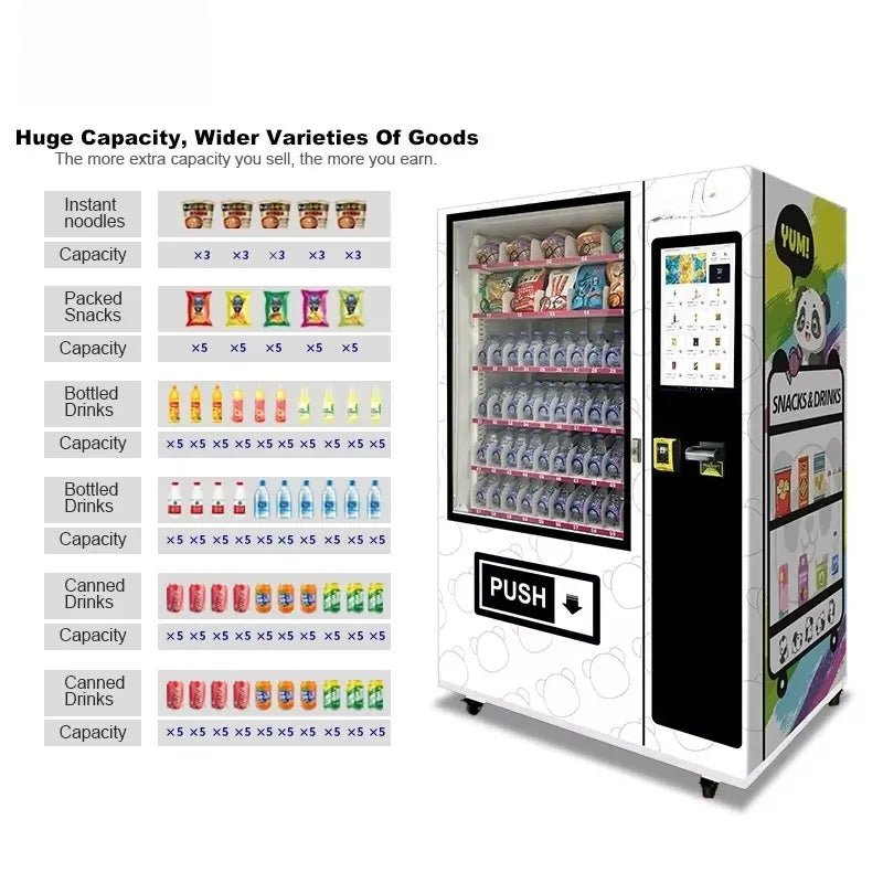 Vending machine with capacity chart and touch screen next to the push dispensing label