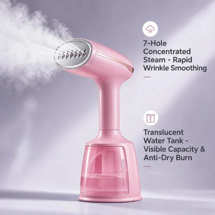 Handheld garment steamer in pink releasing concentrated steam from its 7-hole nozzle for rapid wrinkle smoothing.