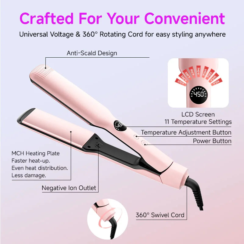 Pink ionic flat iron hair straightener with LCD screen, 11 temp settings, MCH heating plates, and 360° swivel cord.