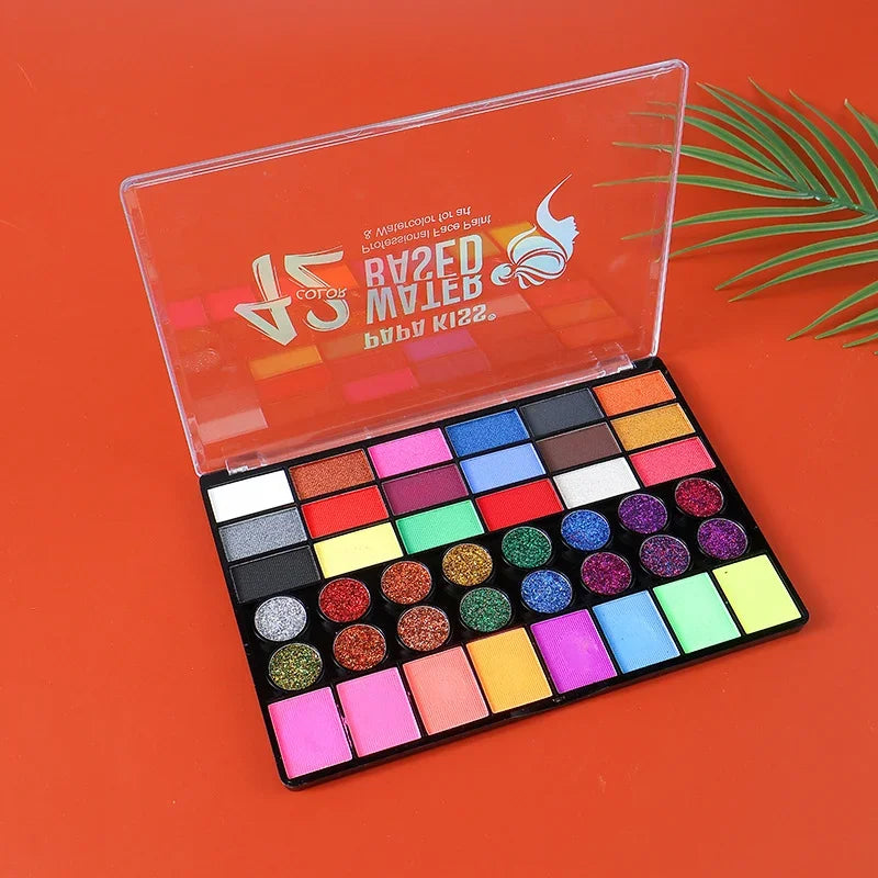 Tidesmit 42 color face and body paint palette showing vibrant neon water soluble makeup shades in detail view