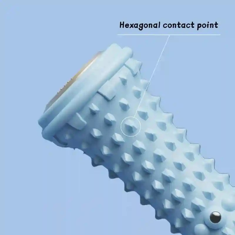 Light blue plantar fascia foot massage roller with textured hexagonal contact points for deep tissue muscle relief.