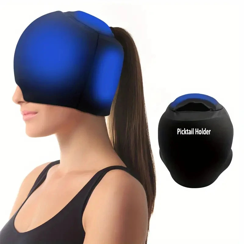 Blue migraine ice cap, gel headache relief wrap with ponytail hole and top gel coverage for cooling pain therapy.