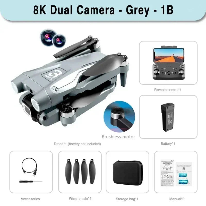 8K Camera Drone Foldable Quadcopter with Obstacle Avoidance | Tidesmit Grey Dual-8K-1B Tidesmit