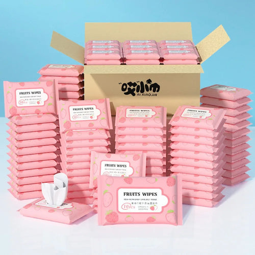 Ai Xiaojin strawberry-scented baby care wet wipes, 10-count portable packs in a bulk display box.