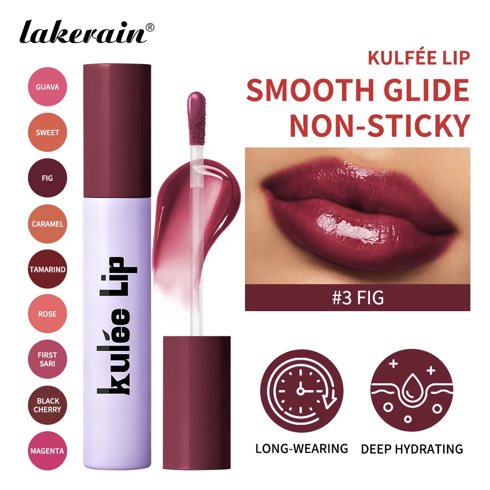 Lakerain Kulfée moisturizing lip oil in #3 Fig. Non-sticky, long-lasting glossy lip makeup with a smooth, hydrating finish.