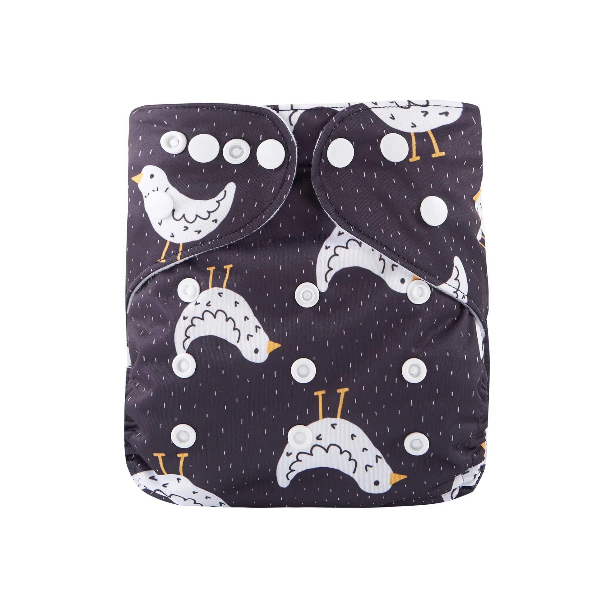 Reusable baby cloth diaper in dark gray with a white bird print and adjustable snap buttons.