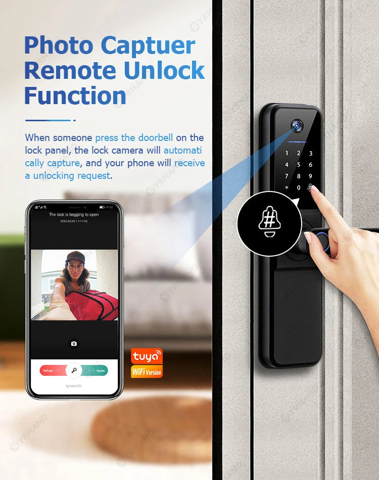 YRHAND H01 Fechadura Eletronica Tuya Wifi Digital Electronic Smart Door Lock With Biometric Camera Fingerprint IP66 Smart Lock