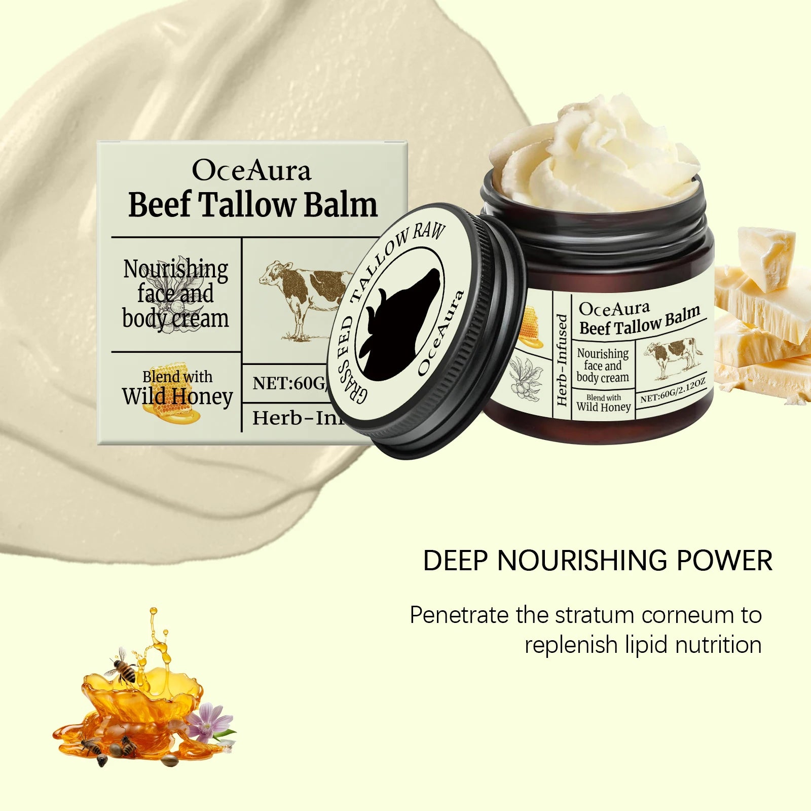 OceAura Beef Tallow Honey Balm Smooth Skin Barrier Repair Care Anti Cracking Body Moisturizer Olive Oil Nourishing Face Cream