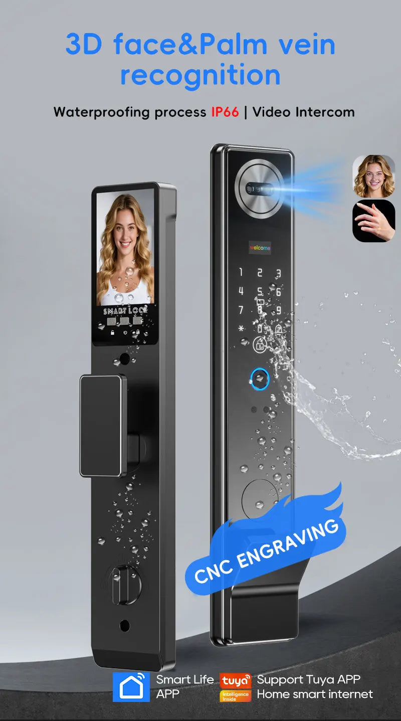 SANKESONG Smart Lock Real Time Intercom Wifi Camera Fingerprint Intelligent Palm Vein 3D Face Recognition Door Lock  DualBattery