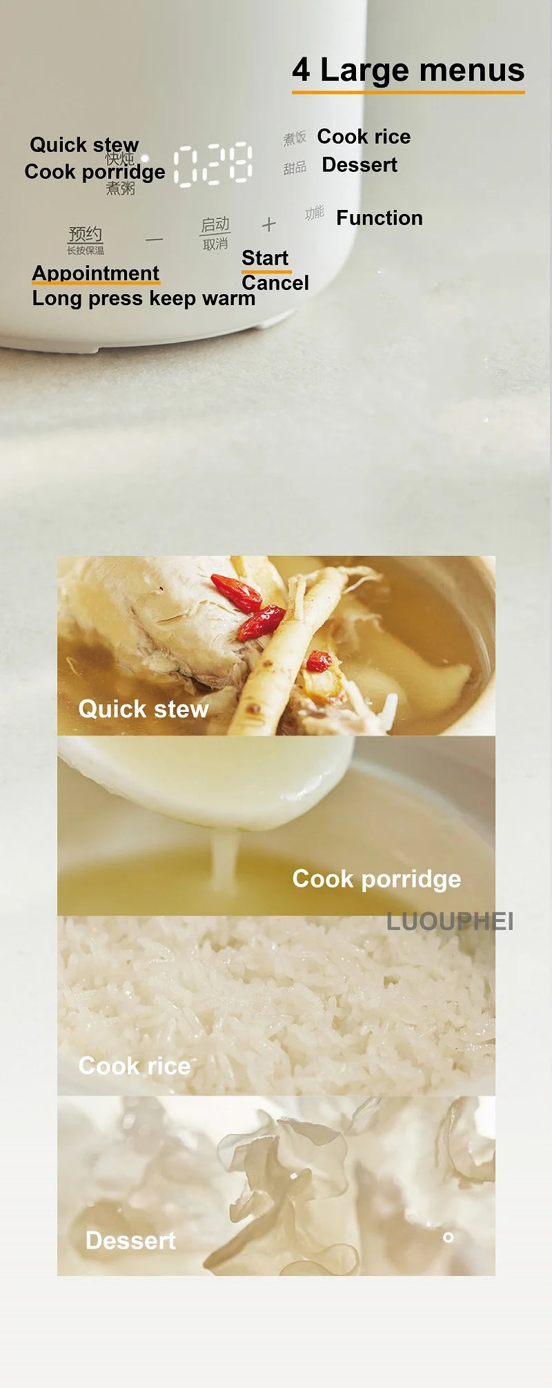 White mini electric rice cooker alongside bowls of porridge, rice, and dessert