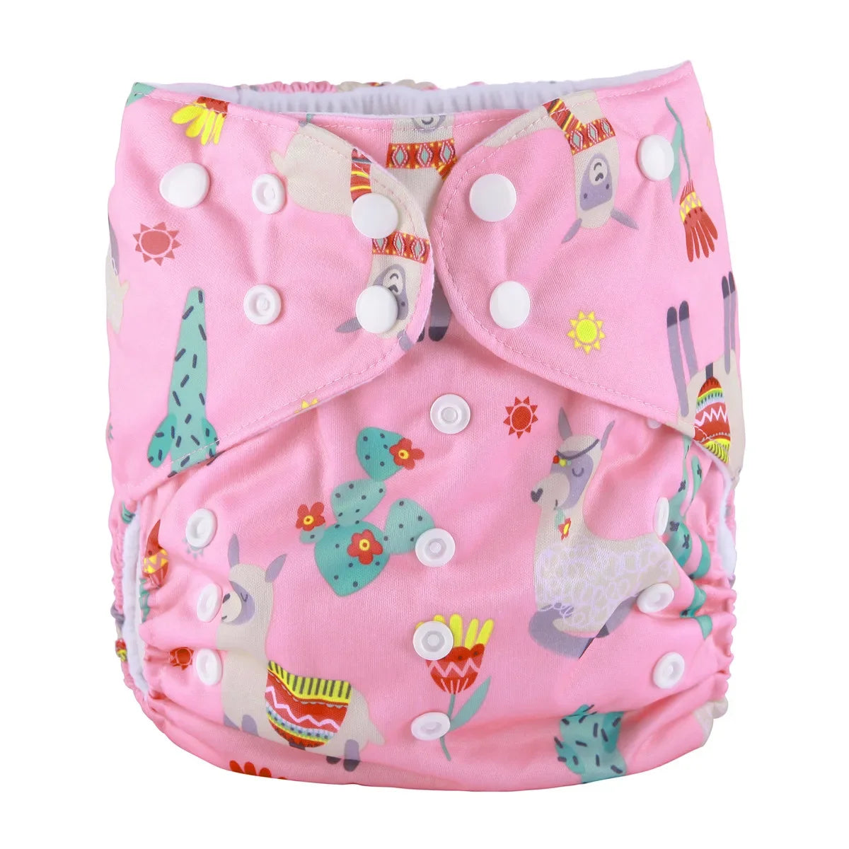 Reusable baby cloth diaper in pink with cute llama and cactus print, featuring adjustable snap button fasteners.