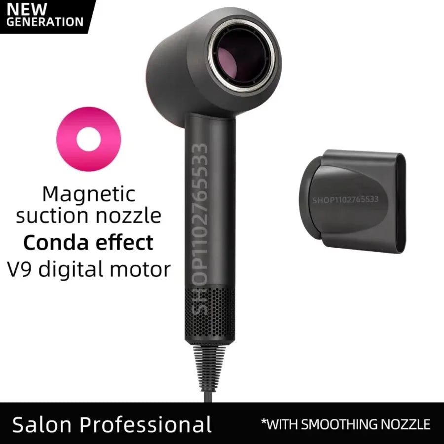 Black professional ionic hair dryer with V9 digital motor, magnetic smoothing nozzle, and sleek, leafless salon design.