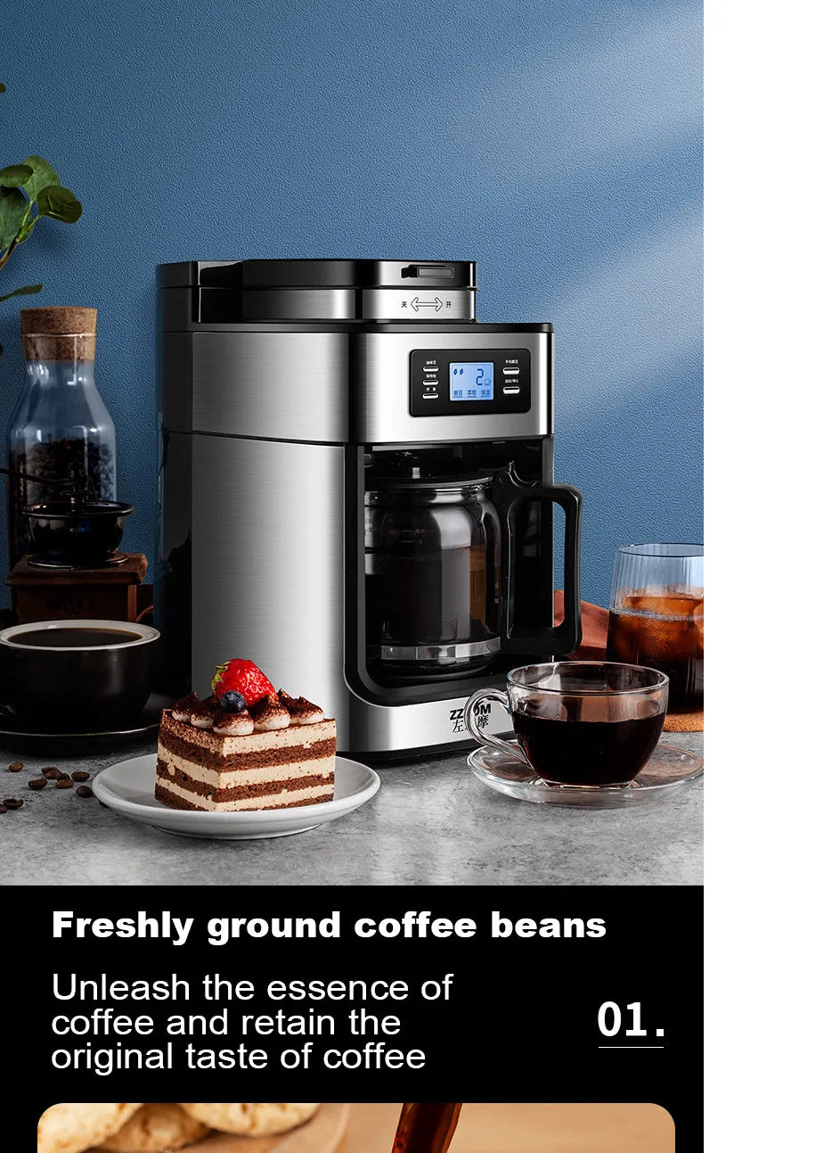ZZOM stainless steel drip coffee maker with integrated grinder, glass carafe, and digital display on kitchen counter.