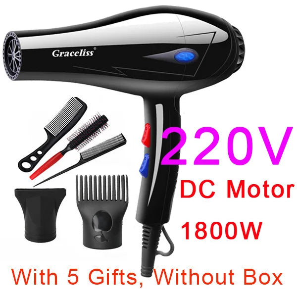 Black 1800W professional hair dryer with EU plug, hot/cold settings, concentrator nozzle, diffuser, and 3 styling combs.