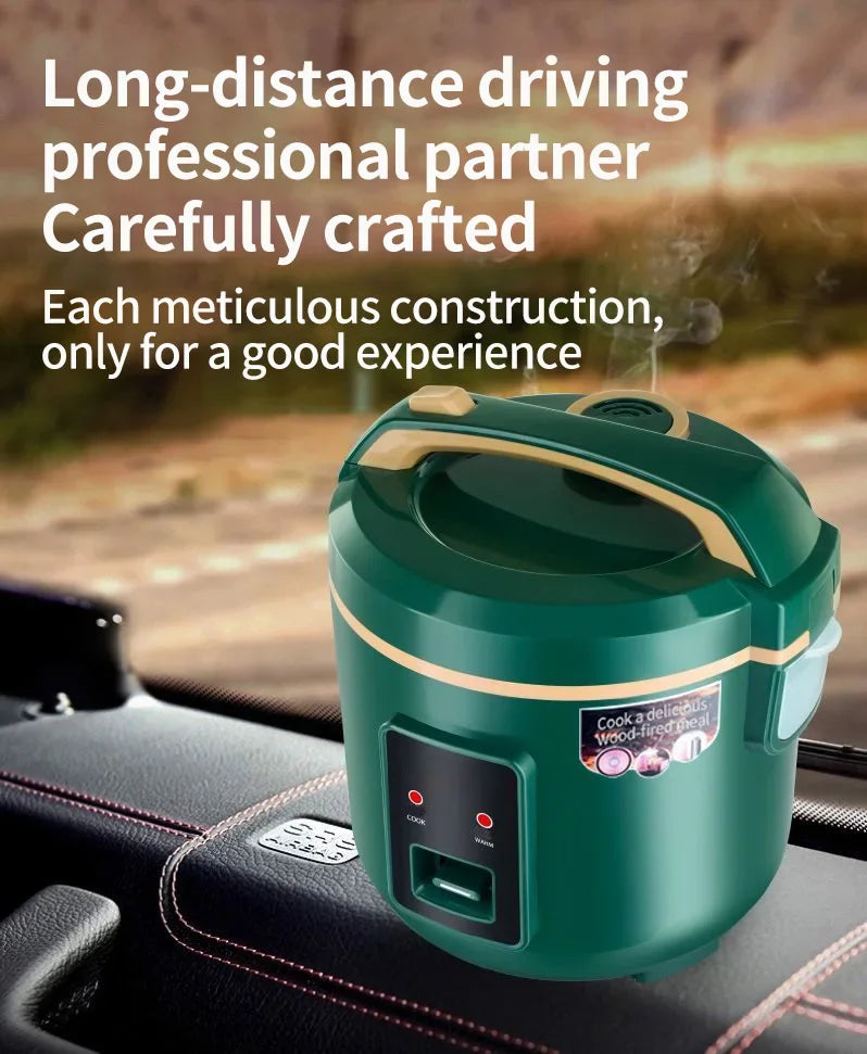 Green portable electric food warmer on dark seat, lid handle and illuminated indicators