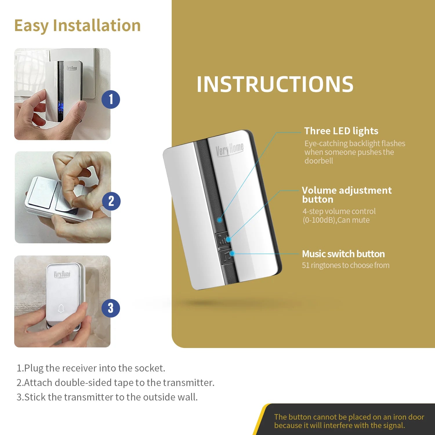 VeryHome Wireless Doorbell Waterproof Self-powered Button Smart Door Bell Sets Home Welcome Outdoor House Chimes  Receiver