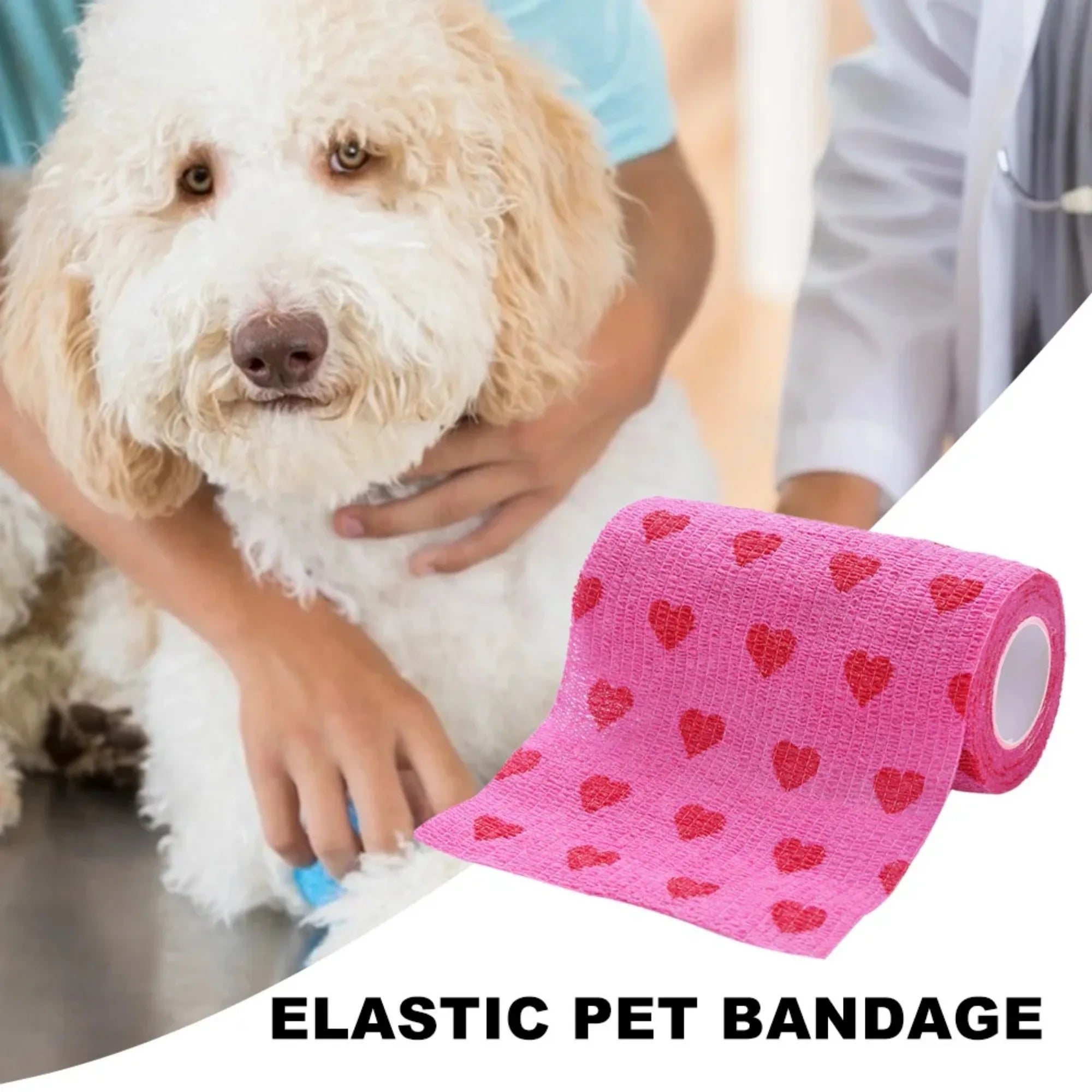 Pink heart-print self-adherent pet bandage for dogs and cats. Breathable, elastic medical tape for pet wound care.