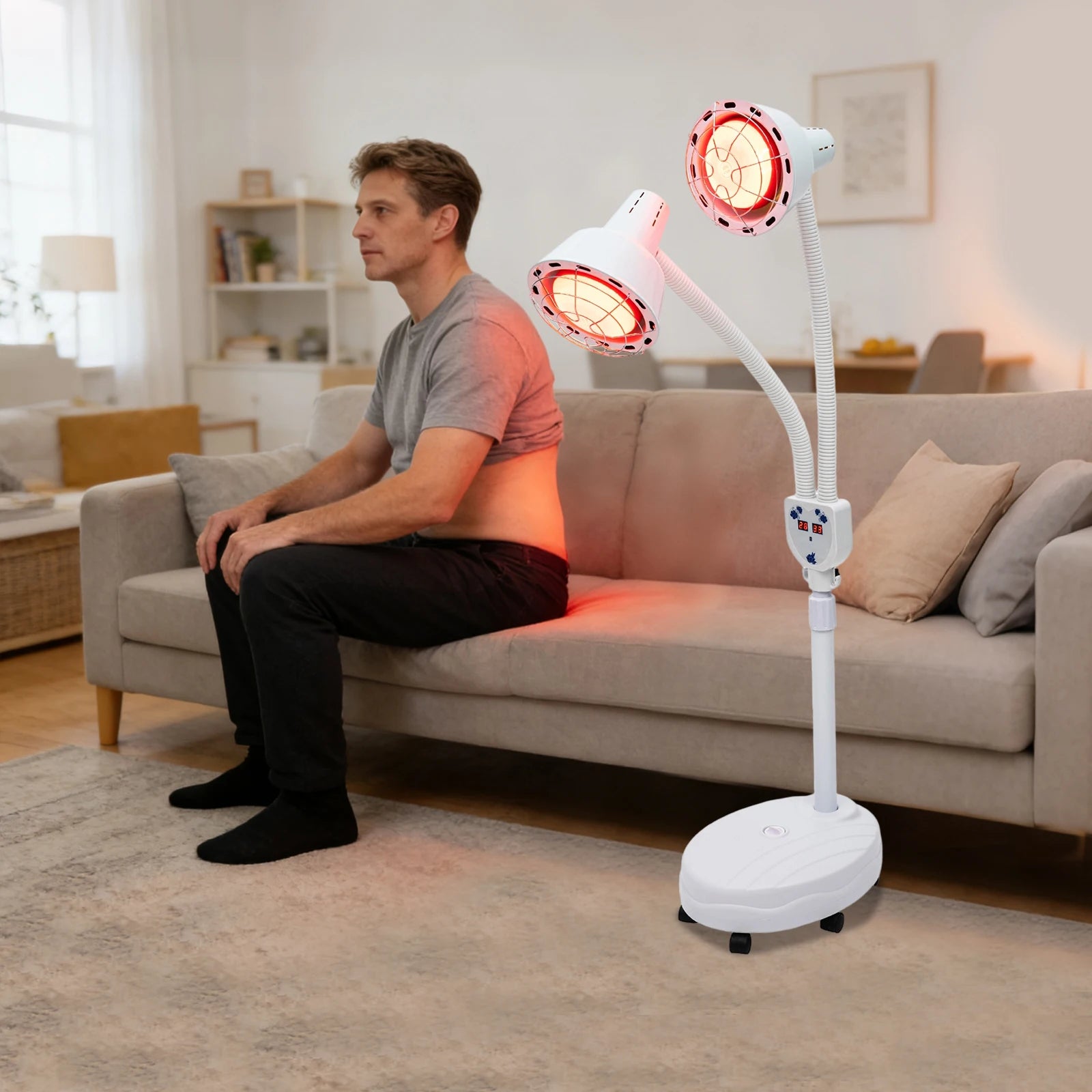 275W double-head infrared heat lamp with remote for pain relief, featuring adjustable floor stand and white design.