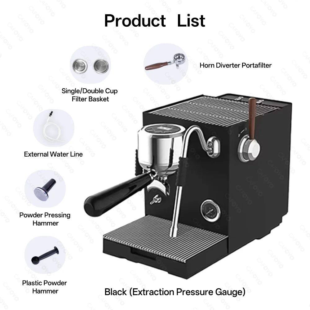 Cafoyo black espresso machine with portafilter, pressure gauge, steam wand, and professional barista accessories set.