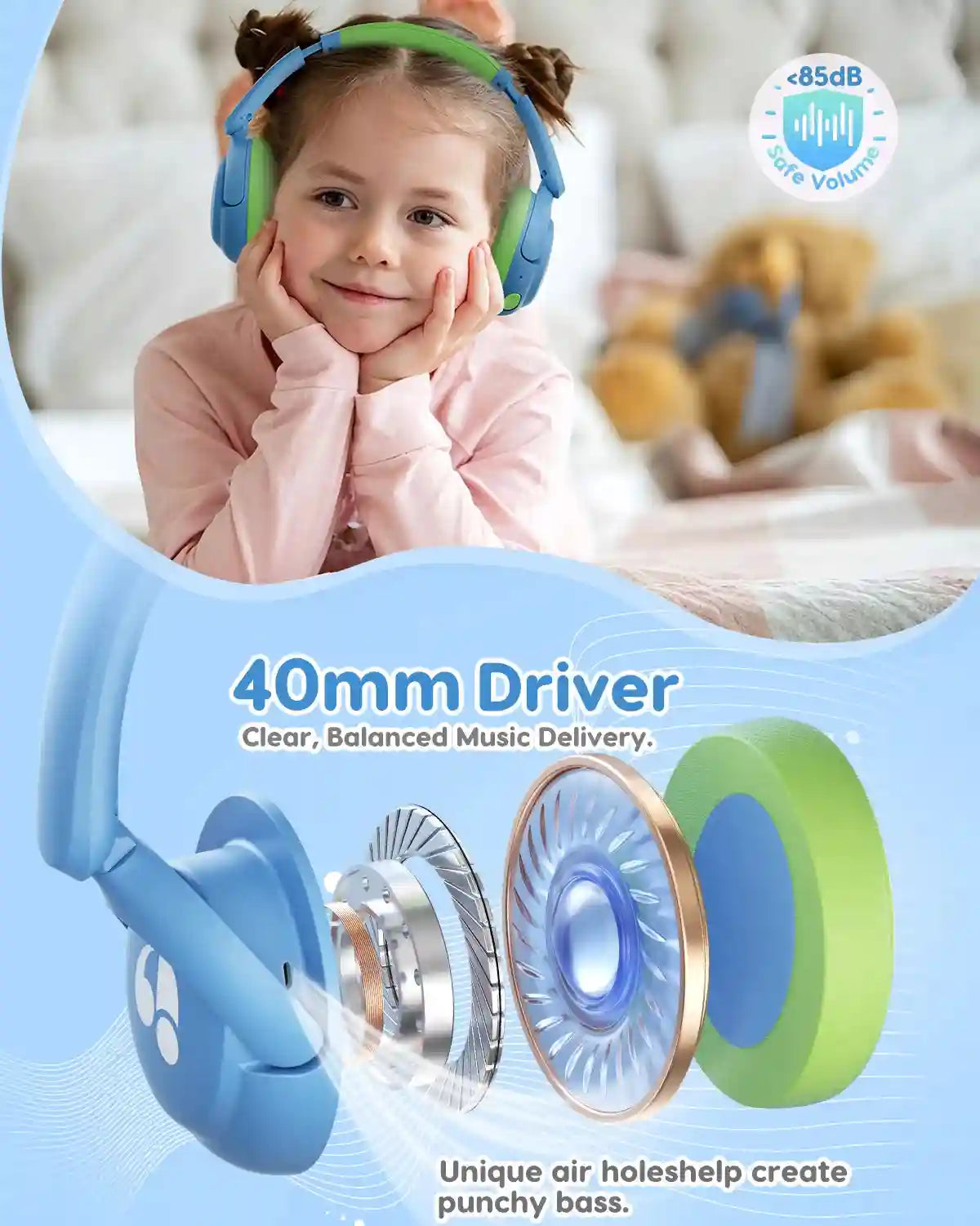 Kids Wireless Headphones - Safe 85dB Audio Over-Ear Design Tidesmit