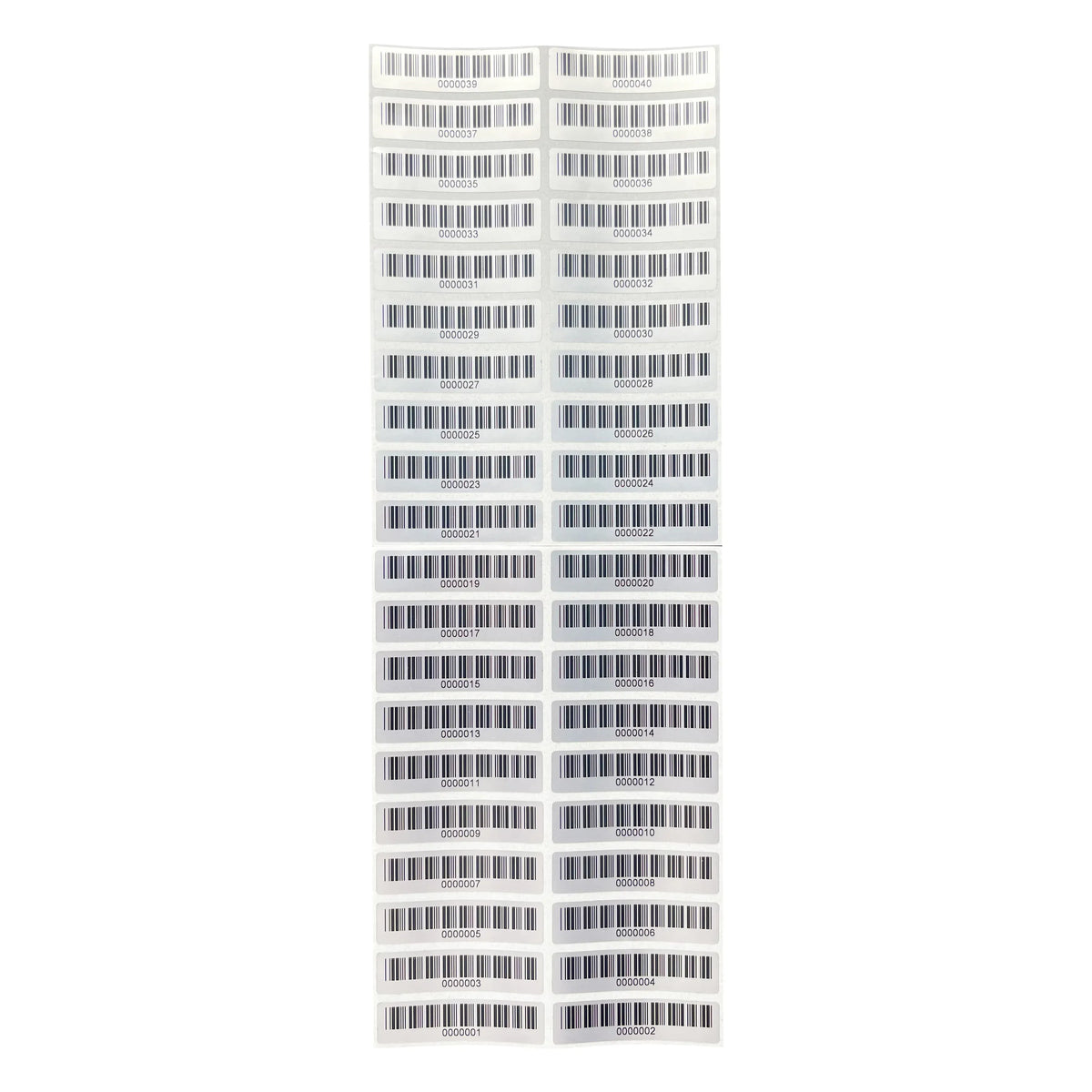 Matte silver PET barcode asset labels sheet with tall vertical stack of rectangular barcodes