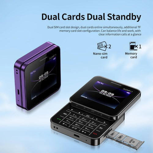 Purple SERVO AUAR11 sliding mobile phone, dual SIM, TF card slot, rotating screen view showing keypad and interface.