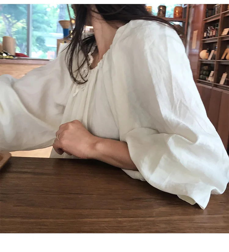 Original New Spring Vintage Cotton Linen Dress for Women Solid Long Sleeve Drawstring Linen One-Piece Dress Maxi Dress