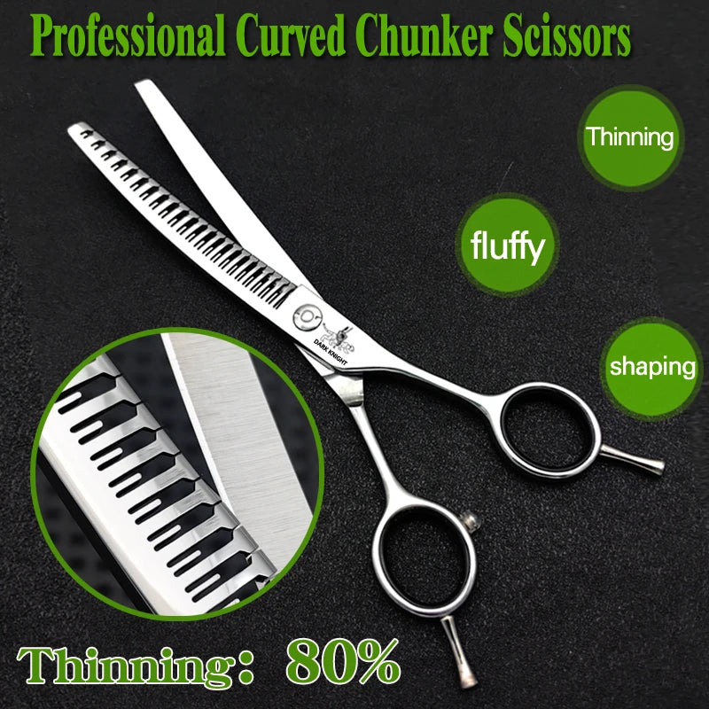7-inch professional curved fishbone dog grooming shears for precise pet hair thinning, shaping, and fluffy trimming.