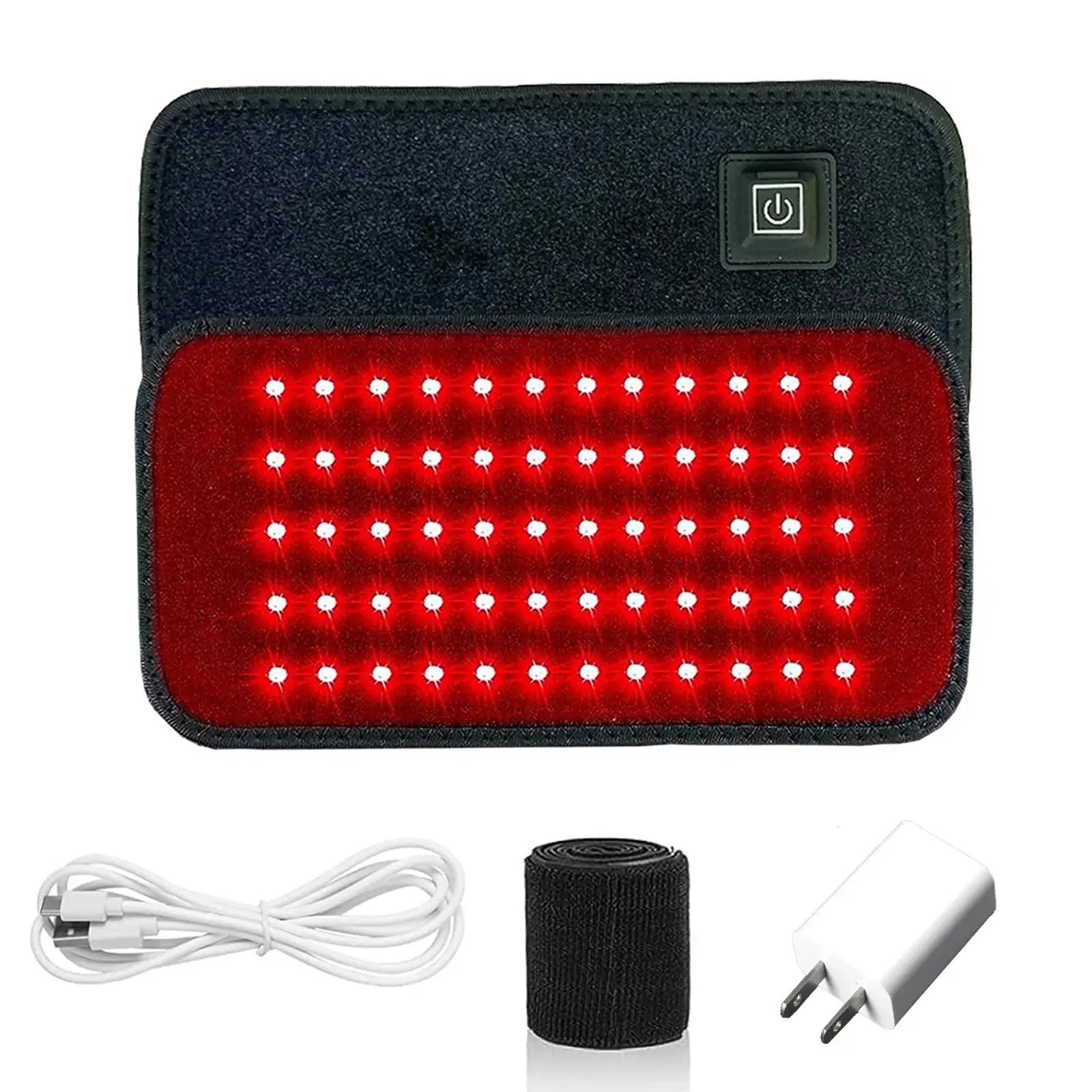 Red and infrared light therapy wrap with 60 LEDs, black fabric, power button, USB cable, strap, and power adapter.
