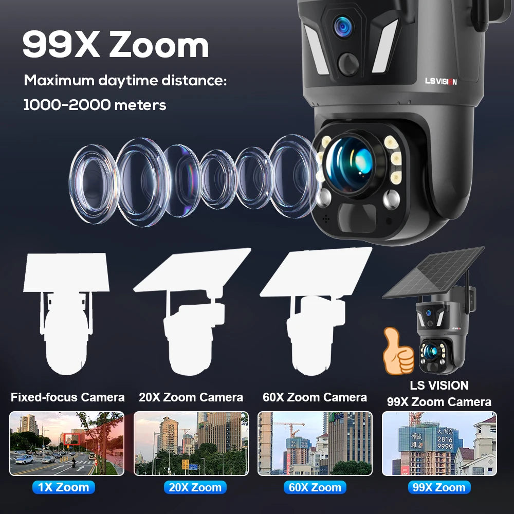 LS VISION 99X Optical Zoom Dual Screen Solar Camera Outdoor 4K 4G/WiFi PTZ Dual PIR Detection AI Auto Tracking Security Camera