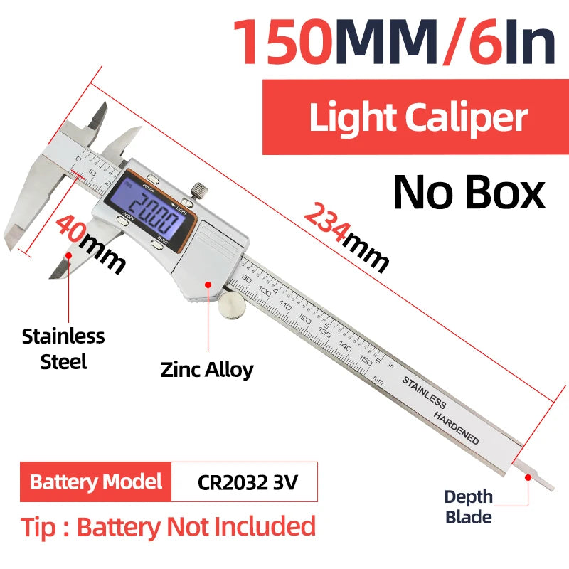 Lightweight caliper with blue LCD display, stainless steel ruler, and depth blade