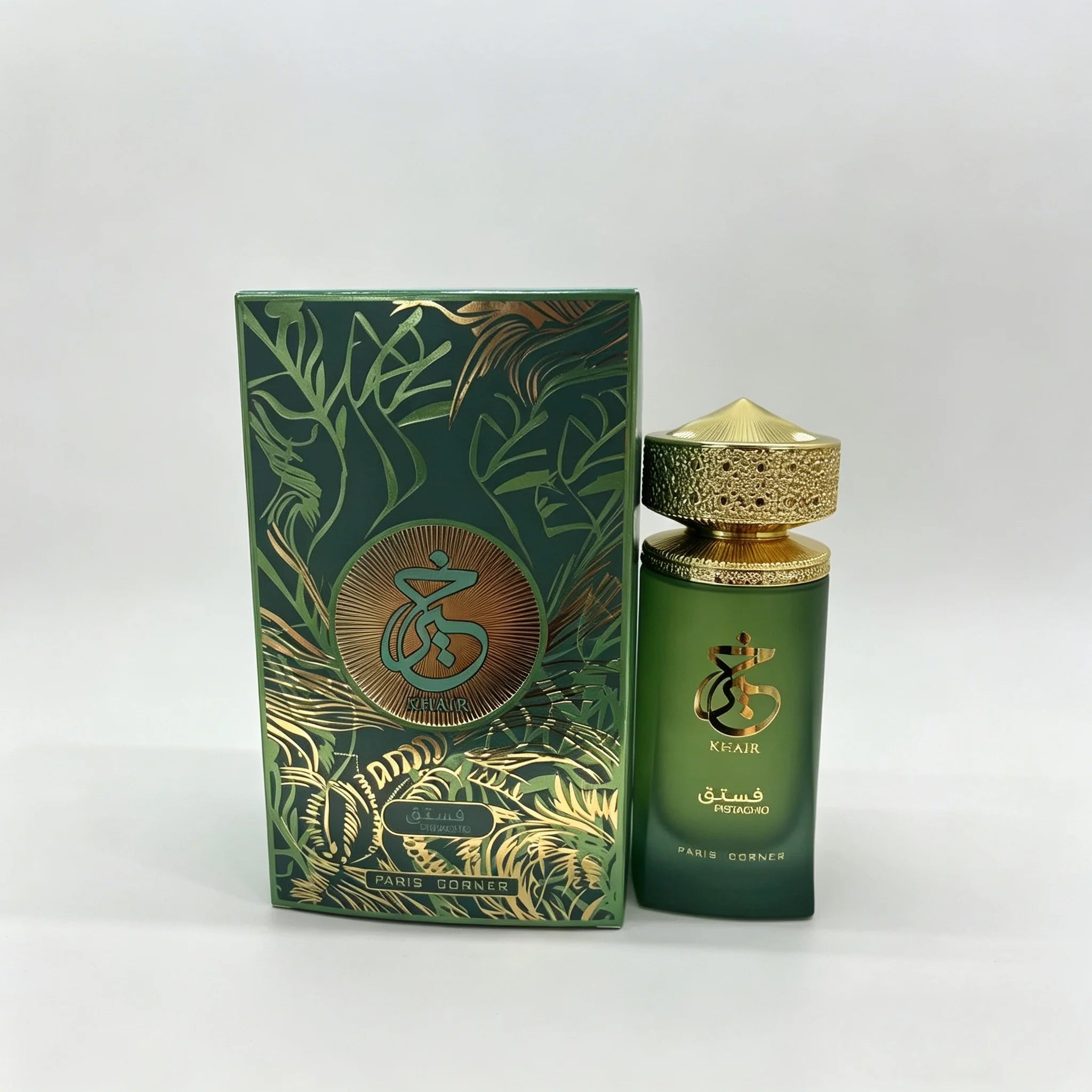 Paris Corner Khair Pistachio EDP: Arabian unisex perfume in a green matte bottle with ornate gold cap, 100ml.