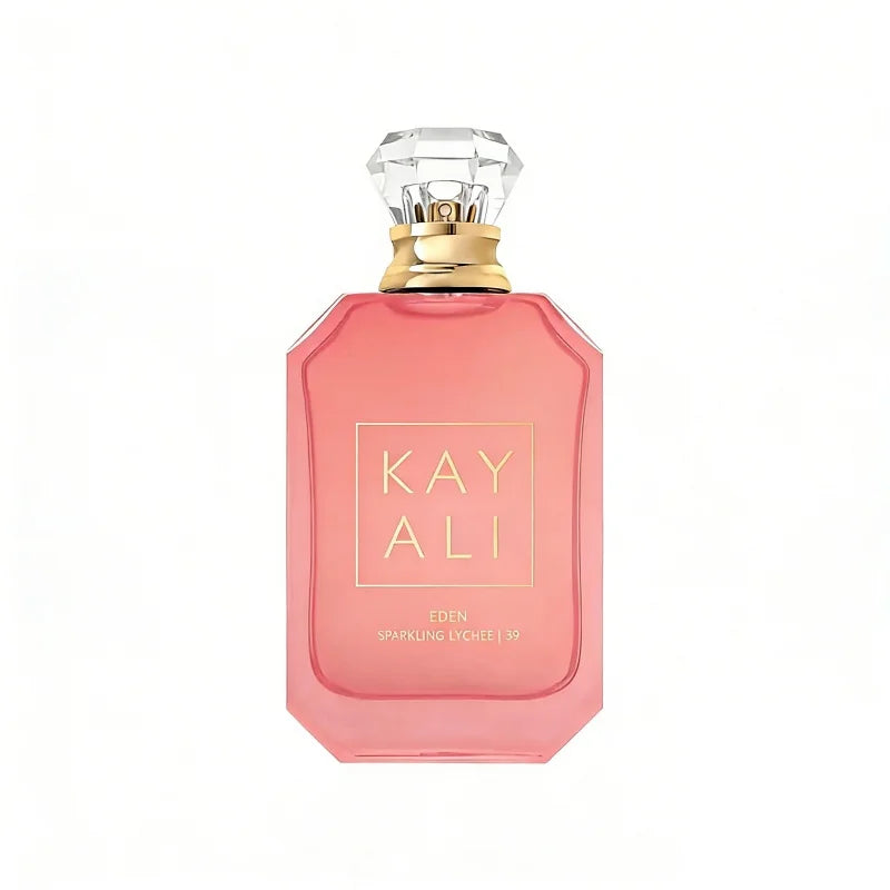 Kayali Eden Sparkling Lychee 39 perfume, 100ml unisex fragrance in a rectangular glass bottle with diamond-cut cap.