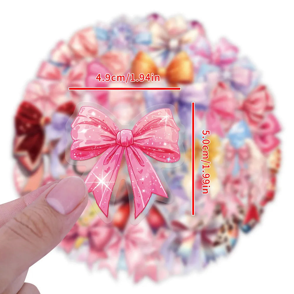 60-piece waterproof transparent PET bow sticker pack for journals and crafting with sparkling pink ribbon designs.