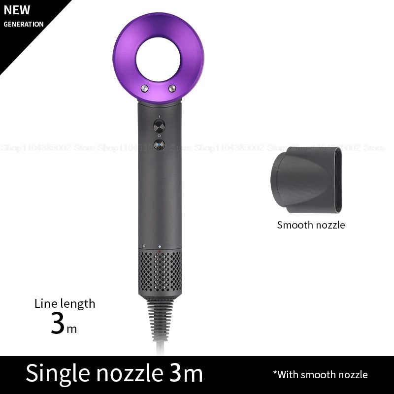 Purple leafless hair dryer with 3m cord and smooth nozzle attachment for professional quick-dry negative ion styling.