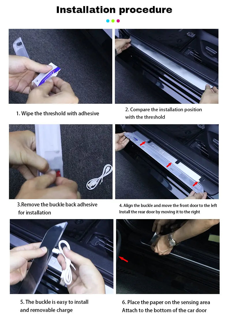 Six-step guide for installing magnetic LED car door threshold protector strips with adhesive and USB charging cable.