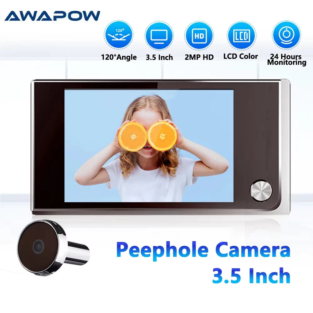 Black 3.5 inch door peephole camera viewer with LCD monitor and wide-angle lens