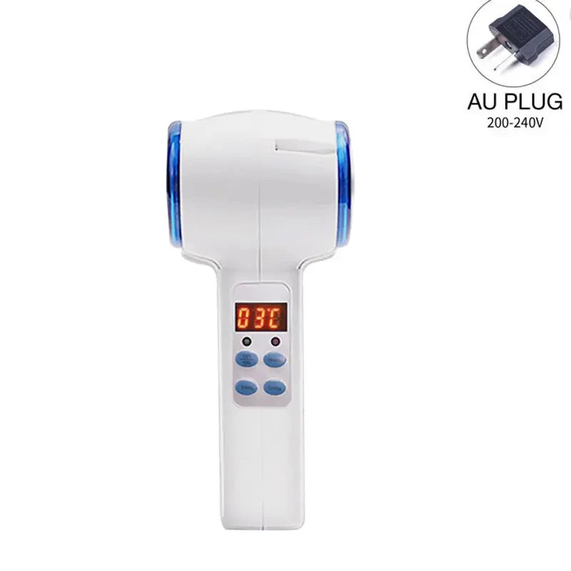 White handheld facial massager with blue trim, digital display, control buttons, and an included AU power plug.