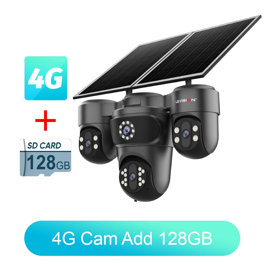 4G outdoor solar surveillance camera set with 128GB SD card for recording storage