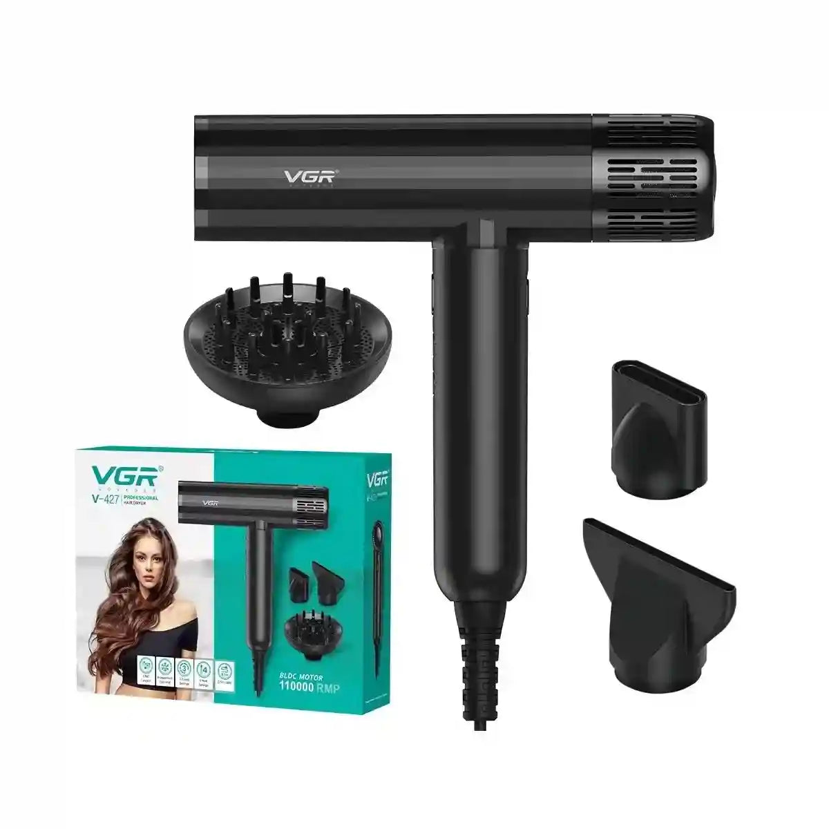 VGR V-427 black professional ionic hair dryer with brushless motor, diffuser, and styling nozzle attachments.