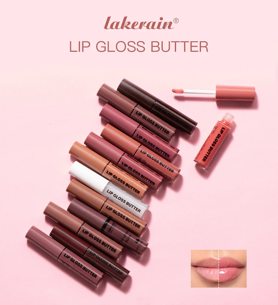 Lakerain moisturizing butter lip gloss set featuring long-lasting, non-stick mirror finish shades in various nudes.