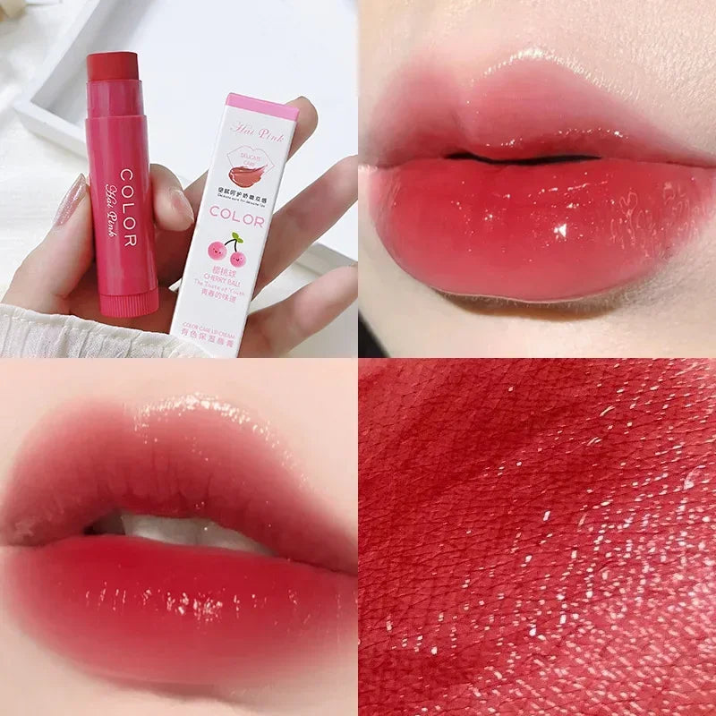 Korean lip glaze with a glossy, plumping, moisturizing finish in a vibrant red cherry shade for a juicy makeup look.