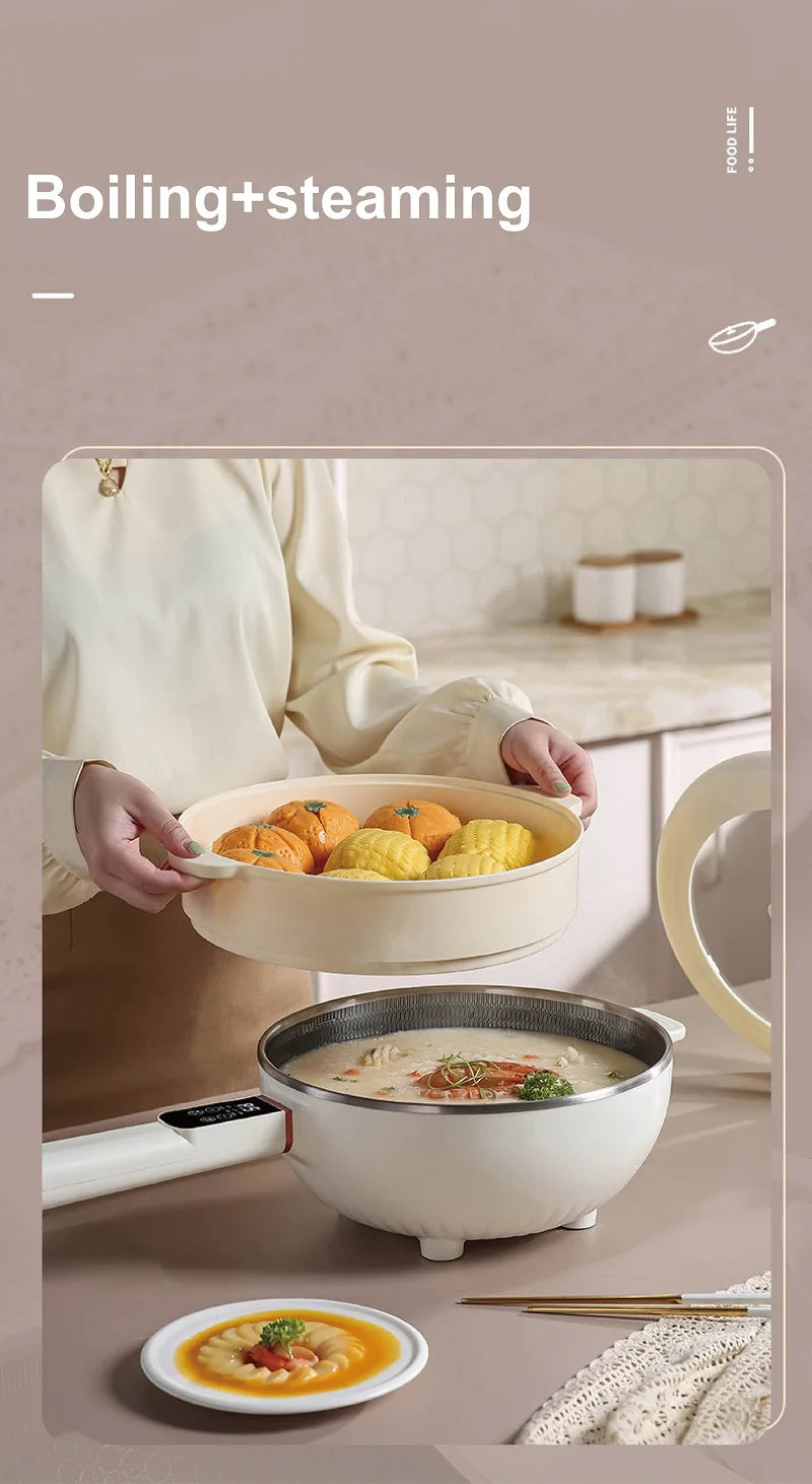 Electric cooking pot for boiling and steaming, with tray being placed over the pot