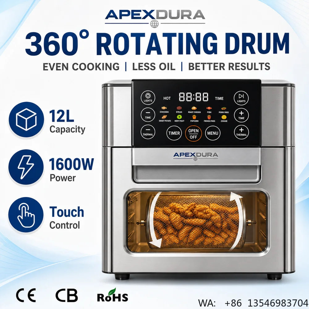 12L Large Capacity Air Fryer Oven 2 in 1 Rotating Drum Touch Control Visible Window 1600W CE CB OEM Factory