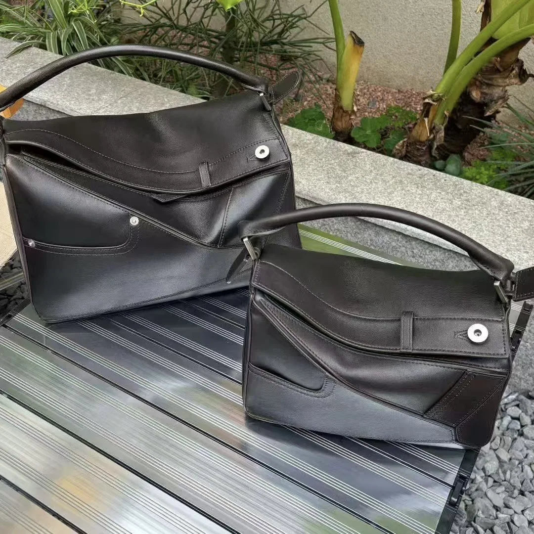 New 2025 Panta Geometric Patchwork Natural Dye Leather Pillow Shaped Handbag Top Layer Cowhide Shoulder Bag for Daily Use
